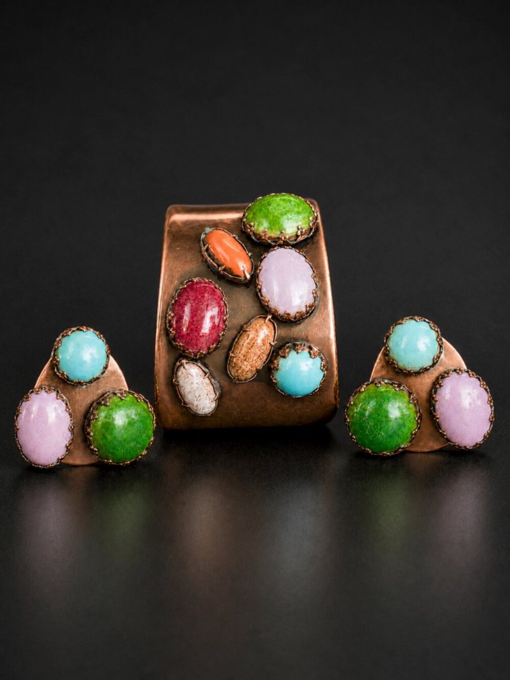 Matisse “Scarab” Copper 1950s Cuff Bracelet & Clip-On Earrings Set